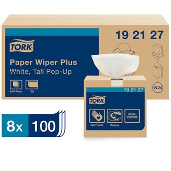 Tork&#174; W24 Paper Wiper Plus, Pop-Up Box, 9.25&quot; x 16.25&quot;, 1-Ply, White, 100/Box 8 Boxes/CT
