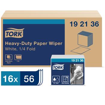 Tork Heavy-Duty Paper Wiper, 1/4 Fold, 13&quot; x 12.5&quot;, 1-Ply, White, 56/Pack 16 Packs/CT
