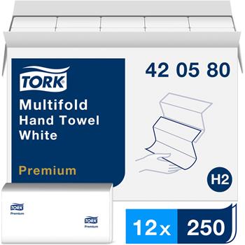 Tork H2 Premium Multifold Hand Towel, 1-Ply, 9&quot; x 9.5&quot;, White, 250/Pack 12 Packs/CT