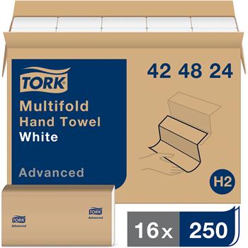 Tork H2 Advanced Multifold Hand Towel, 1-Ply, 9&quot; x 9.5&quot;, White, 250/Pack 16 Packs/CT