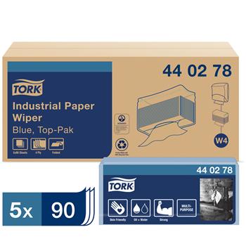Tork Industrial W4 Paper Wipers, 4-Ply, 12.8&quot; x 16.4&quot;, Blue, 90 Wipers/Pack 5 Packs/CT
