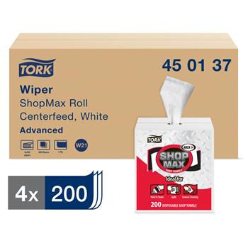 Tork Advanced ShopMax Centerfeed Wipers, 1-Ply, 9&quot; x 217&#39;, White, 200 Towels/Roll 4 Rolls/CT
