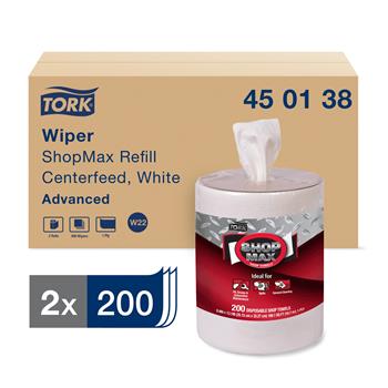 Tork W22 Advanced ShopMax Wiper 450, Centerfeed Refill, 1-Ply, 9.9&quot; x 218.3&#39;, White, 200 Sheets/Roll 2 Rolls/CT