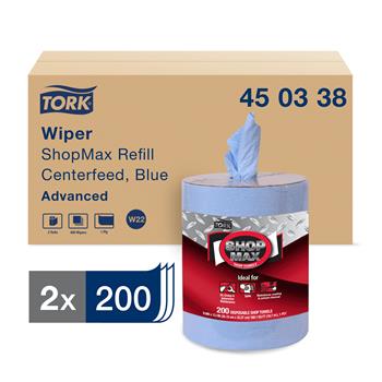 Tork W22 Advanced ShopMax Wiper 450, Centerfeed Refill, 1-Ply, 9.9&quot; x 218.3&#39;, Blue, 200 Sheets/Roll 2 Rolls/CT
