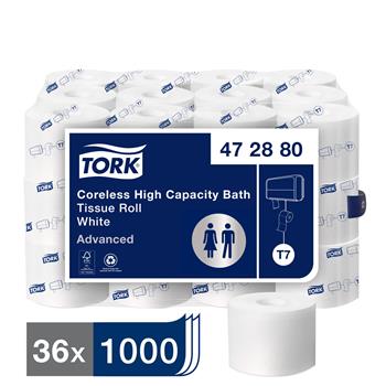 Tork&#174; T7 Advanced Coreless High Capacity Bath Tissue, 2-Ply, 3.66&quot; x 333.33&#39;, White, 1,000 Sheets/Roll 36 Rolls/CT