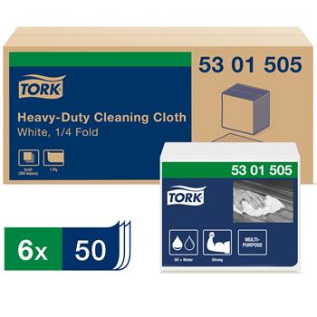 Tork Heavy-Duty Cleaning Cloth, 1/4-Fold, 1-Ply, 13&quot; x 12.6&quot;, White, 50/Pack 6 Packs/CT