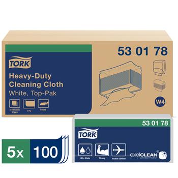 Tork W4 Heavy-Duty Cleaning Cloth, 1-Ply, Folded, White, 100/Pack 5 Packs/CT