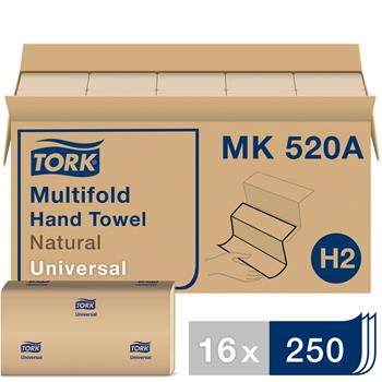Tork H2 Universal Hand Towel, Multifold, 1-Ply, 9.13&quot; x 9.5&quot;, Nature, 250/Pack 16 Packs/CT