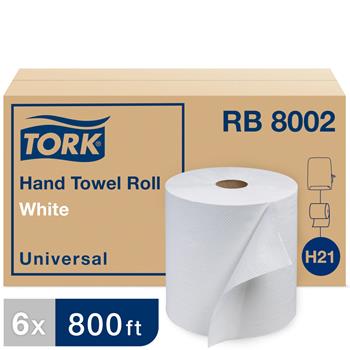 Tork Universal Hardwound Hand Towel Roll, 1-Ply, 7.88&quot; x 800&#39;, White, 6 Rolls/CT