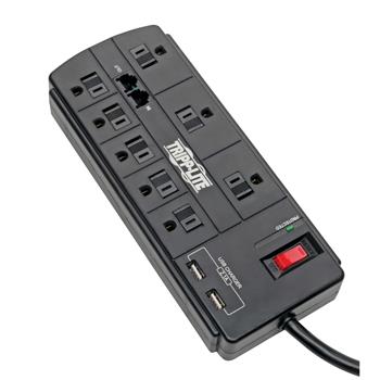 Tripp Lite by Eaton 8-Outlet Surge Protector with 2 USB Ports, 1200 Joules, Tel/Modem, 8 ft Cord, Black