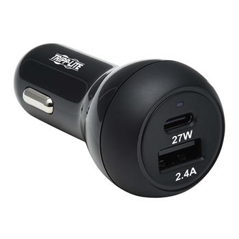 Tripp Lite by Eaton Dual-Port USB Car Charger With 39W Charging, USB-C, 27W, PD 3.0, USB-A, 12W, Black