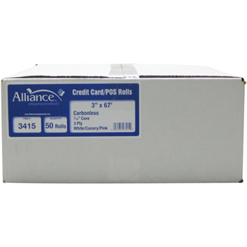 Alliance Imaging Products Carbonless Rolls, 3-Part, 7/16&quot; Core, 3&quot; x 67&#39;, White/Carnary/Pink, 50 Rolls/Carton