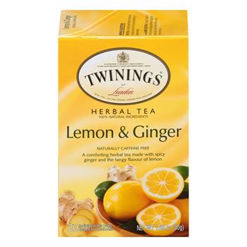 TWININGS London Lemon &amp; Ginger Herbal Tea Bags, 20/Box