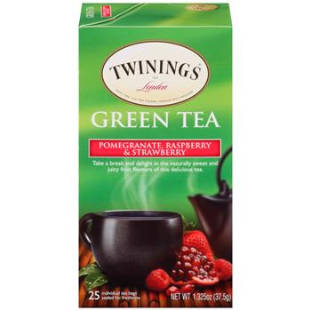 TWININGS Tea Bags, Green w/ Pom,Rasp, Straw, 25/BX