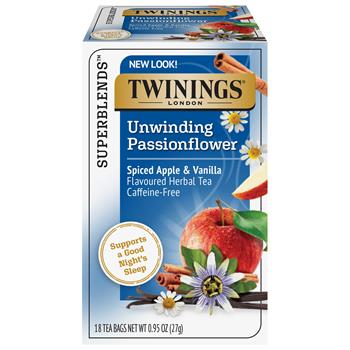 TWININGS Superblends Unwinding Passionflower Spiced Apple &amp; Vanilla Flavoured Herbal Tea Bags, Caffeine-Free, 18/Box