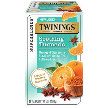 TWININGS Superblends Soothing Herbal Tea Bags, Caffeine-Free, Turmeric Orange &amp; Star Anise, 18/Box, 6 Boxes/Case