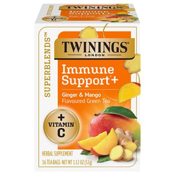 TWININGS Superblends Immune Support+ Vitamin C, Ginger &amp; Mango Flavoured Green Tea Bags, 16/Box