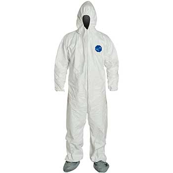 DuPont Tyvek&#174; 400 Hooded Coveralls, Elastic Wrists, Attached Skid-Resistant Boots, White, Medium, 25/CS