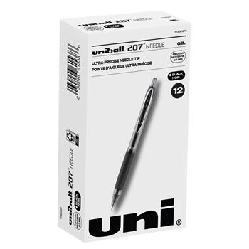 uni-ball 207 Needle Retractable Gel Pens, Medium Point, 0.7mm, Black, 12 Count