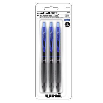 uni-ball 307 Retractable Gel Pens, Medium Point, 0.7mm, Blue, 3/Pack