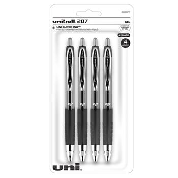 uni-ball 207 Retractable Gel Pens, Medium Point, 0.7mm, Black, 4/Pack