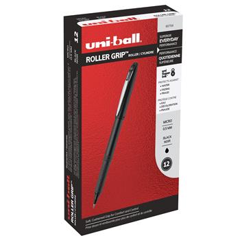uni-ball Roller Grip Pen, Micro Point, 0.5mm, Black Ink, 12 Count