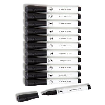 U Brands Medium Point Low-Odor Dry Erase Markers with Erasers, Medium Bullet Tip, Black, Dozen