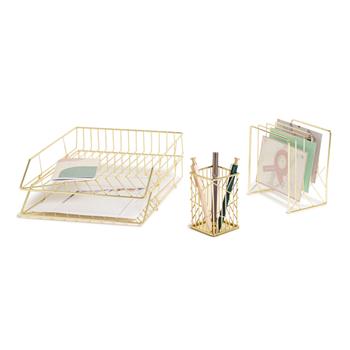 U Brands Metal Desk Organization Kit, Vena Collection, Cup, Sort and 2 Trays Included, Gold