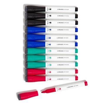 U Brands Medium Point Low-Odor Dry Erase Markers with Erasers, Medium Bullet Tip, Assorted Colors, 12/Pack