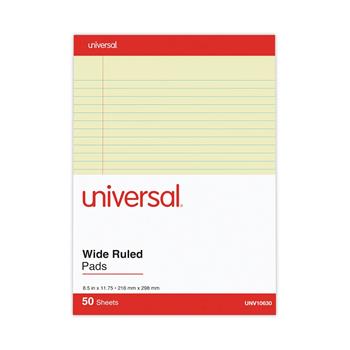 Universal Perforated Writing Pads, Wide Ruled, 8.5&quot; x 11.75&quot;, Canary Yellow Paper, 50 Sheets/Pad, 12 Pads