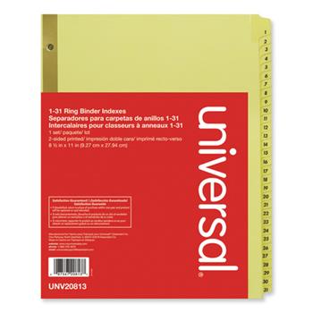 Universal Deluxe Preprinted Plastic Coated Tab Dividers with Black Printing, 31-Tab, 1 to 31, 11 x 8.5, Buff, 1 Set