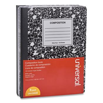 Universal Composition Book, Wide Ruled, 9.75&quot; x 7.5&quot;, White Paper, Black Marble Cover, 100 Sheets/Notebook, 6 Notebooks/Pack