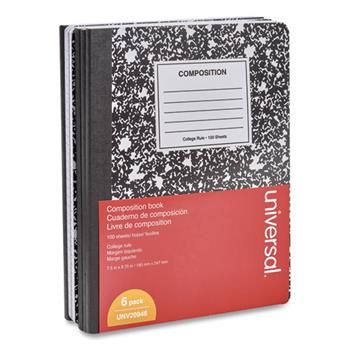 Universal Composition Book, Medium/College Ruled, 9.75&quot; x 7.5&quot;, White Paper, Black Marble Cover, 100 Sheets/Notebook, 6 Notebooks/Pack