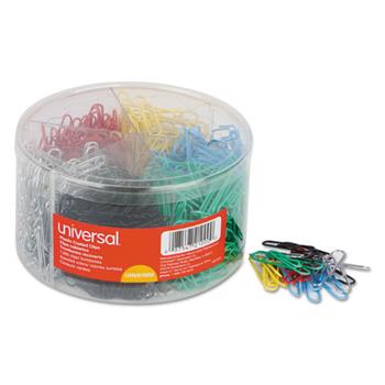 Universal Plastic-Coated Paper Clips with Six-Compartment Organizer Tub, #3, Assorted Colors, 1,000/Pack