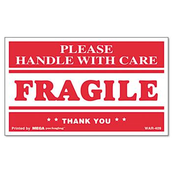 W.B. Mason Co. Printed Message Self-Adhesive Shipping Labels, FRAGILE Handle with Care, 3 x 5, Red/Clear, 500/Roll