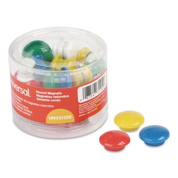 Universal Assorted Magnets, Circles, Assorted Colors, 0.63&quot;, 1&quot;, 1.63&quot; Diameters, 30/Pack