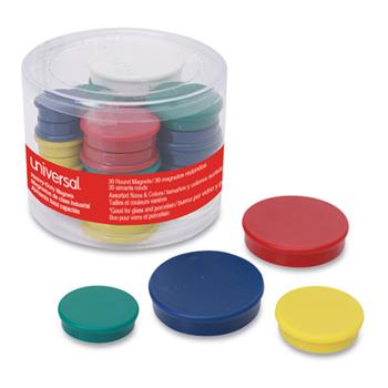 Universal High-Intensity Assorted Magnets, Circles, Assorted Colors, 0.75&quot;, 1.25&quot; and 1.5&quot; Diameters, 30/Pack