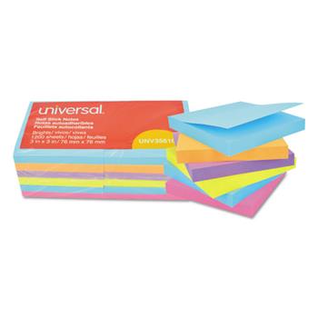Universal Self-Stick Note Pads, 3&quot; x 3&quot;, Assorted Bright Colors, 100 Sheets/Pad, 12 Pads/Pack