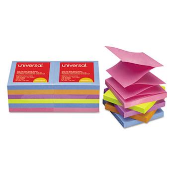 Universal Fan-Folded Self-Stick Pop-Up Note Pads, 3&quot; x 3&quot;, Assorted Bright Colors, 100 Sheets/Pad, 12 Pads/Pack