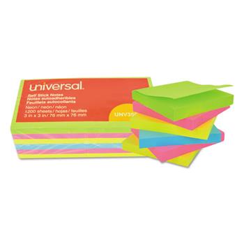 Universal Self-Stick Note Pads, 3&quot; x 3&quot;, Assorted Neon Colors, 100 Sheets/Pad, 12 Pads/Pack