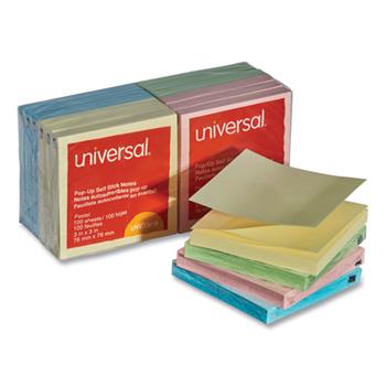 Universal Fan-Folded Self-Stick Pop-Up Note Pads, 3&quot; x 3&quot;, Assorted Pastel Colors, 100 Sheets/Pad, 12 Pads/Pack