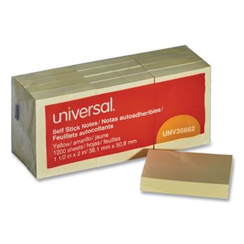 Universal Self-Stick Note Pads, 1.5&quot; x 2&quot;, Yellow, 100 Sheets/Pad, 12 Pads/Pack