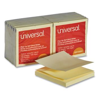 Universal Fan-Folded Self-Stick Pop-Up Note Pads, 3&quot; x 3&quot;, Yellow, 100 Sheets/Pad, 12 Pads/Pack