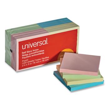 Universal Self-Stick Note Pads, 3&quot; x 3&quot;, Assorted Pastel Colors, 100 Sheets/Pad, 12 Pads/Pack