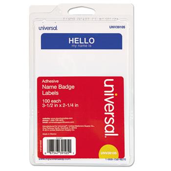 Universal &quot;Hello&quot; Self-Adhesive Name Badges, 3 1/2 x 2 1/4, White/Blue, 100/Pack