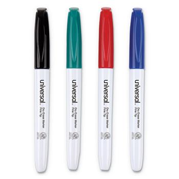 Universal Pen Style Dry Erase Marker, Fine Bullet Tip, Assorted Colors, 4/Set