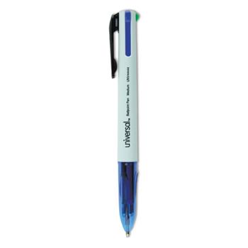 Universal 4-Color Multi-Color Ballpoint Pen, Retractable, Medium 1 mm, Black/Blue/Green/Red Ink, White/Translucent Blue Barrel, 3/Pack