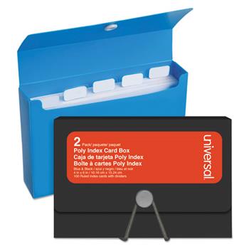 Universal Poly Index Card Box, Holds 100 4 x 6 Cards, 4 x 1.33 x 6, Plastic, Black/Blue, 2/Pack