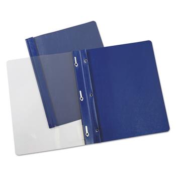 Universal Clear Front Report Covers with Fasteners, Three-Prong Fastener, 0.5&quot; Capacity,  8.5 x 11, Clear/Dark Blue, 25/Box
