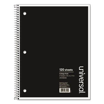 Universal 3 Subject Wirebound Notebook, Medium/College Ruled, 8.5&quot; x 11&quot;, White Paper, Black Cover, 120 Sheets